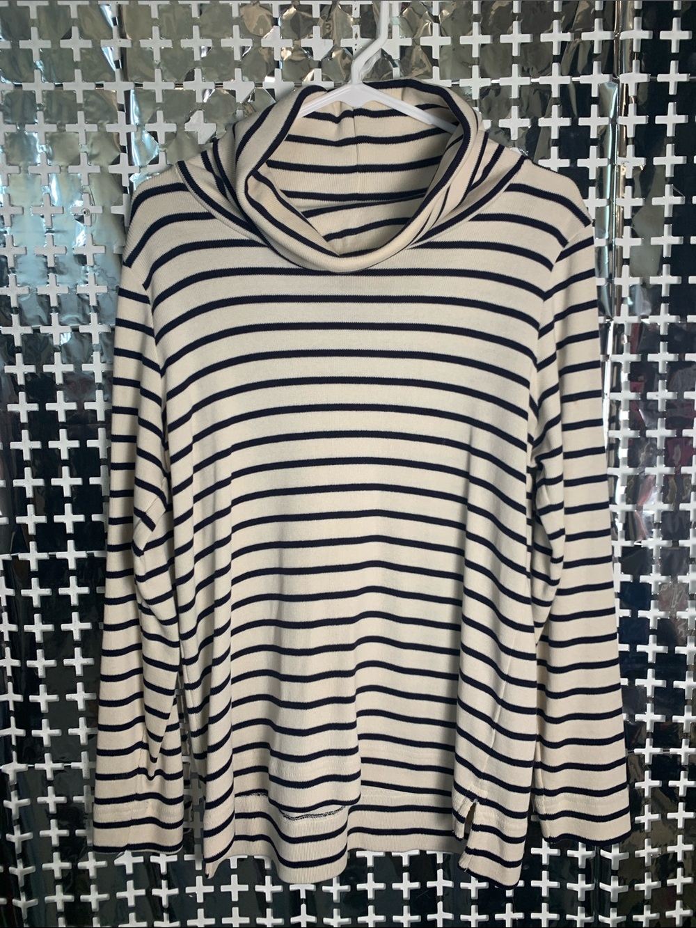 L.L. Bean Cream and Navy Striped Cowl Neck Sweater